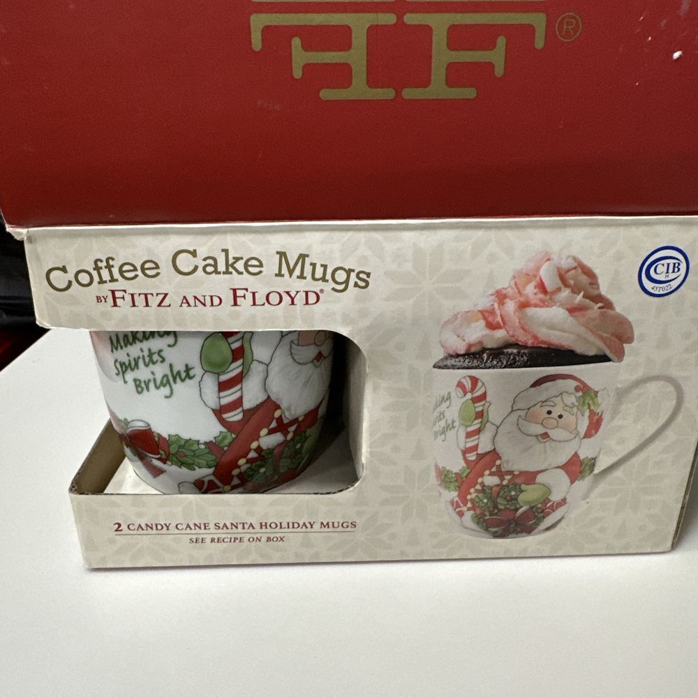 Fitz and Floyd Christmas "Making Spirits Bright" 2 Candy Cane Santa Holiday Mugs